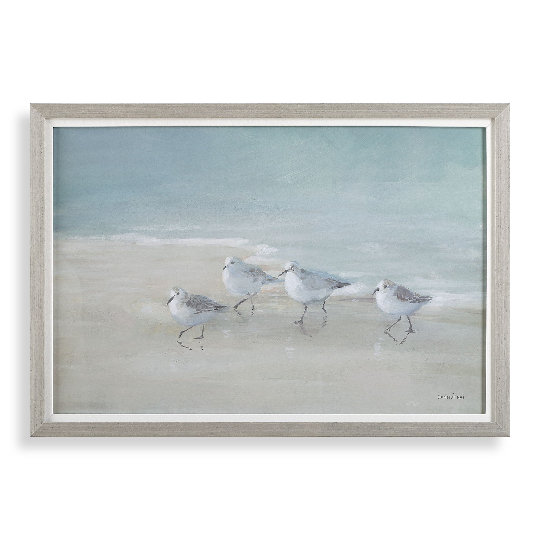 Tranquil Shorebirds On The Sand - Framed Print - Light Gray