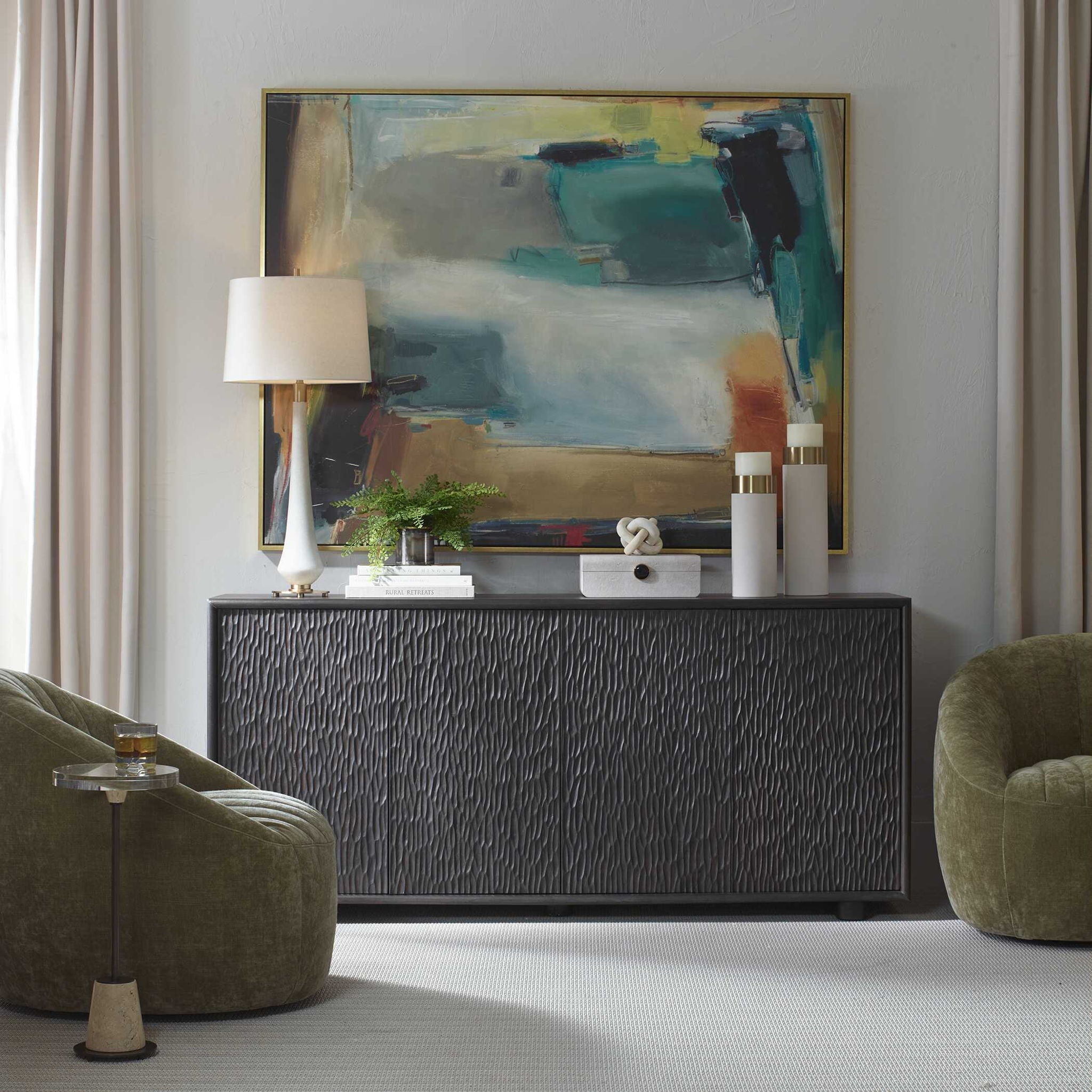 Stevenson - Chiseled 4 Door Cabinet - Black / Brown / Woodtone