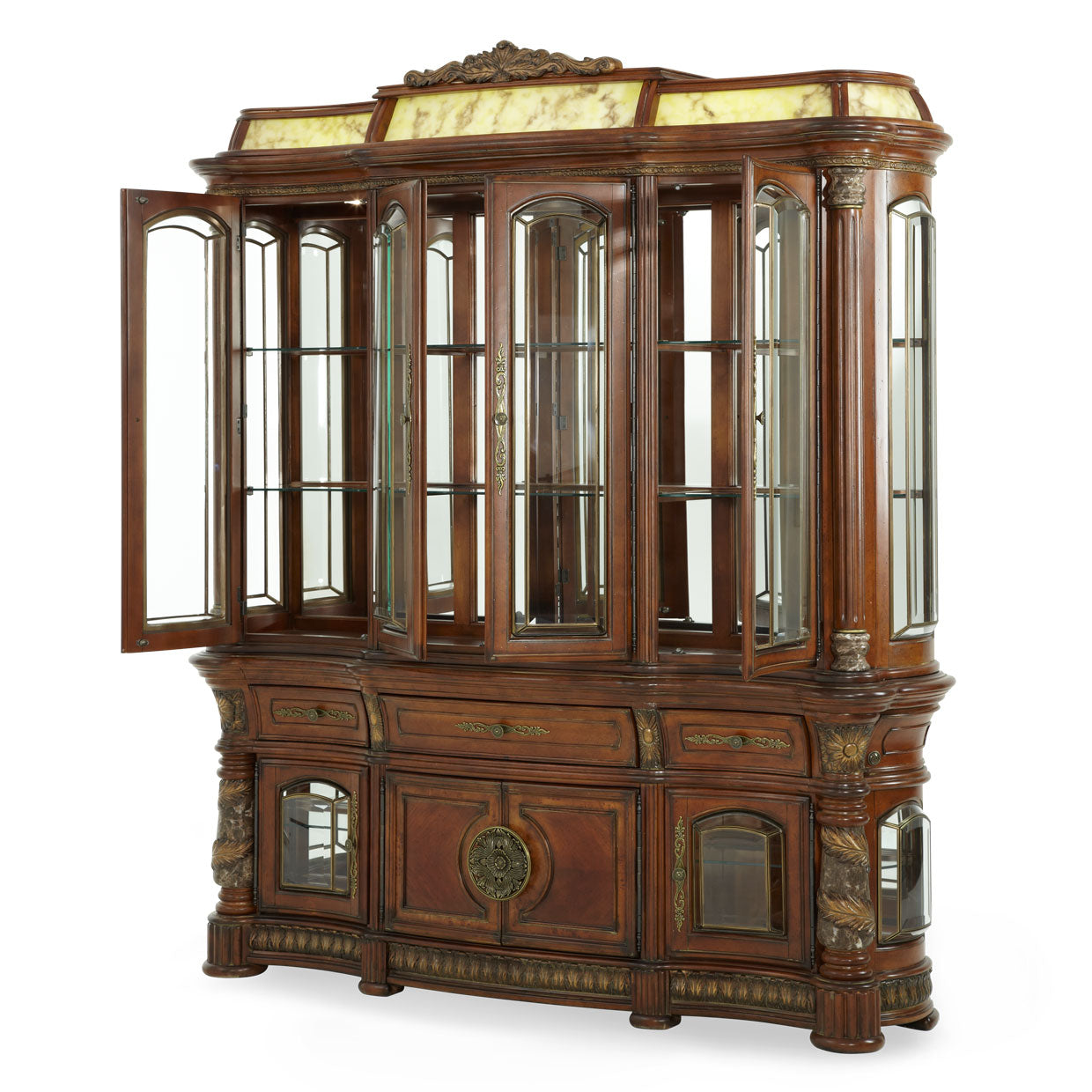 Villa Valencia China Cabinet with Lighted Top - Classic Chestnut
