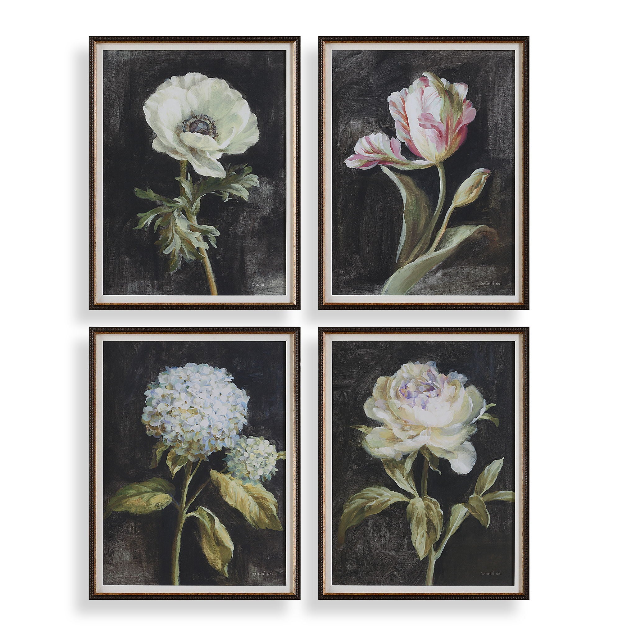Florals On Black - Framed Prints (Set of 4) - Black