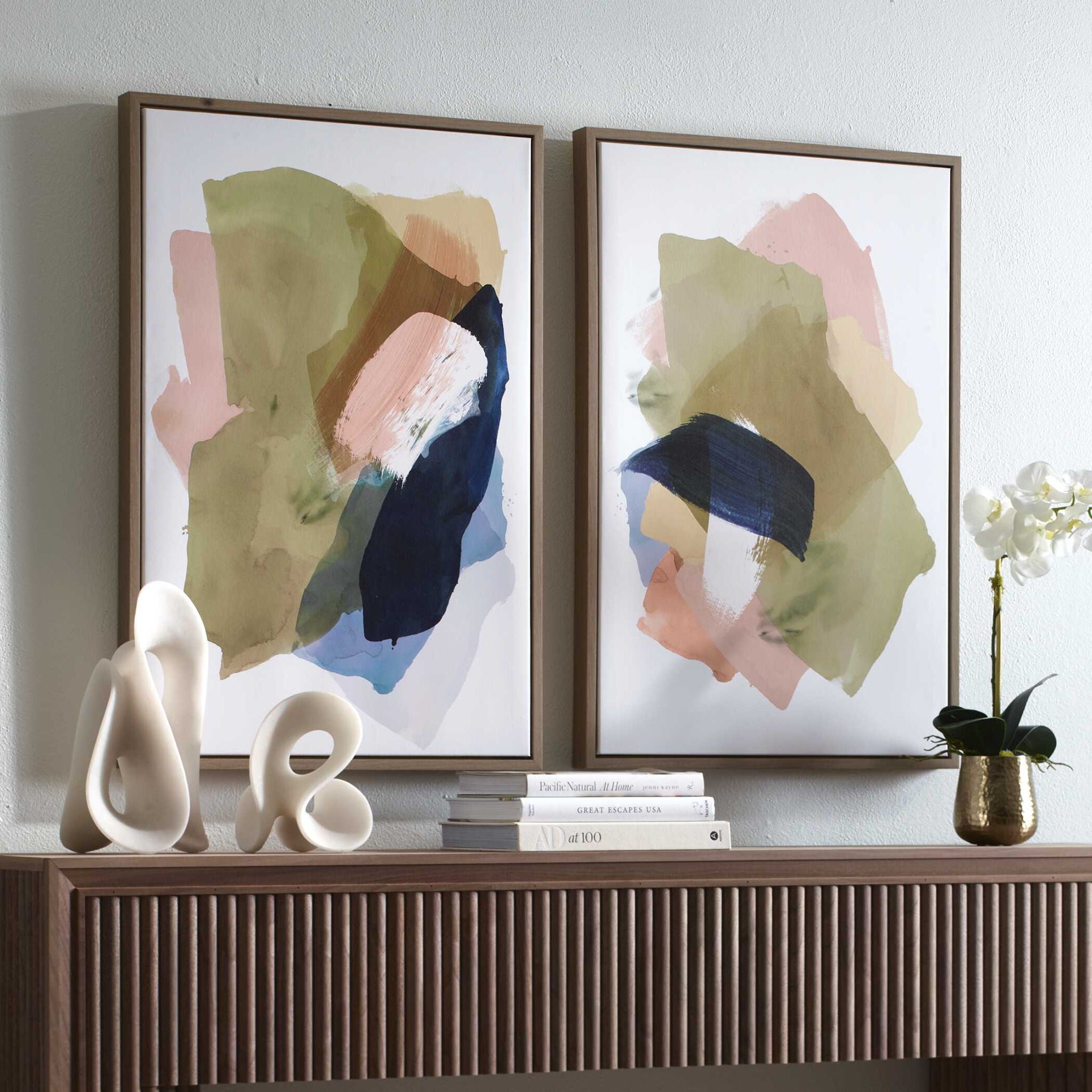 Abstract Afternoon - Framed Canvases (Set of 2) - Blue / Green / Pink / White / Woodtone / Yellow
