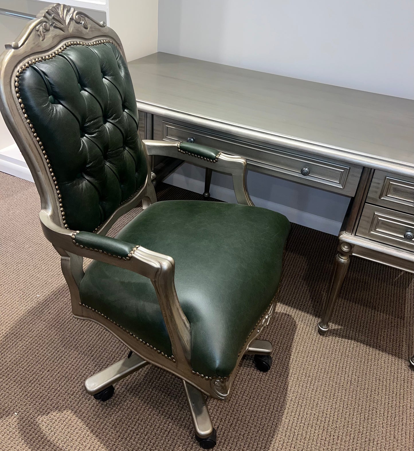 Classical French Style Desk and Green Leather Chair Set