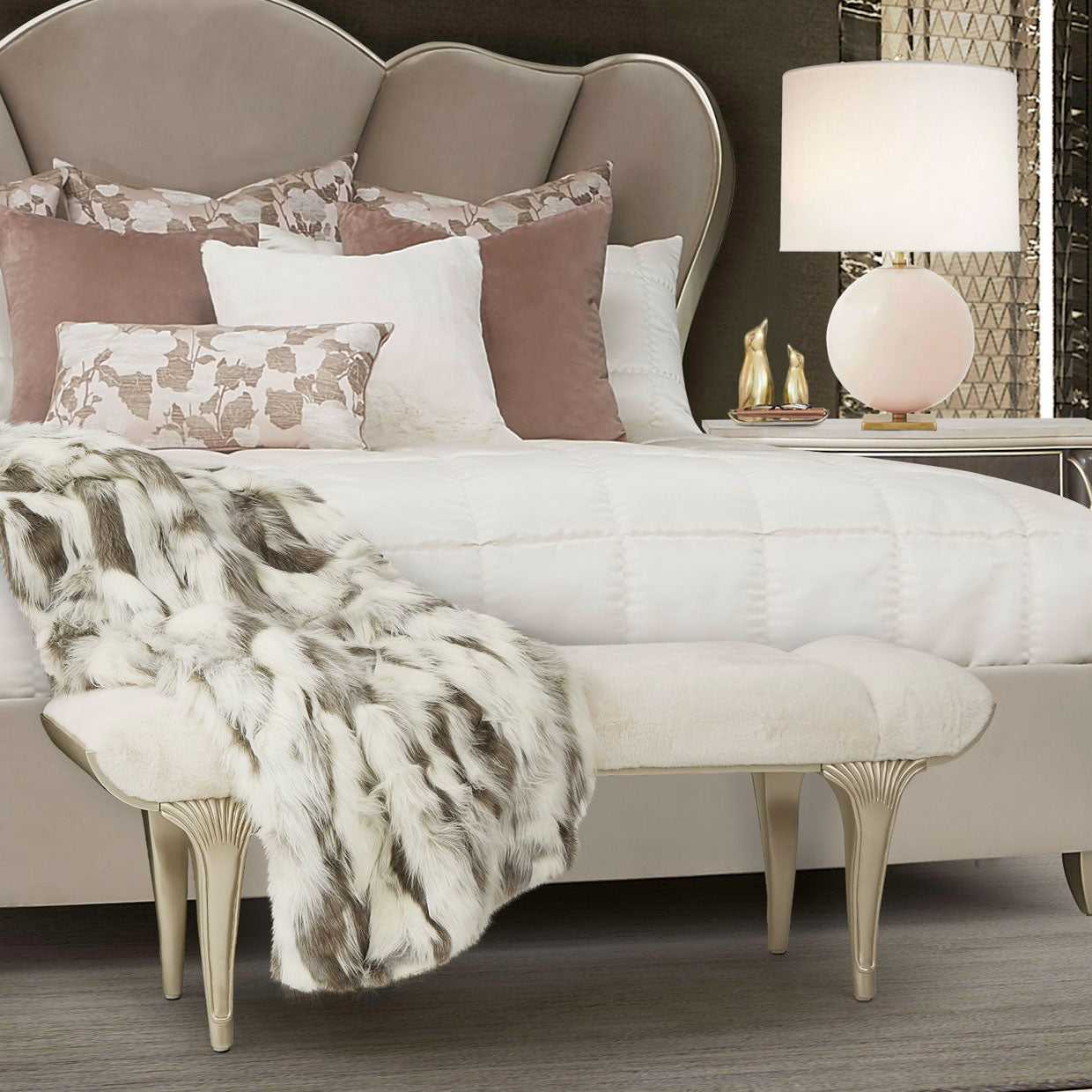 Villa Cherie Faux-Fur Accent Bench - Pearl/Chardonnay