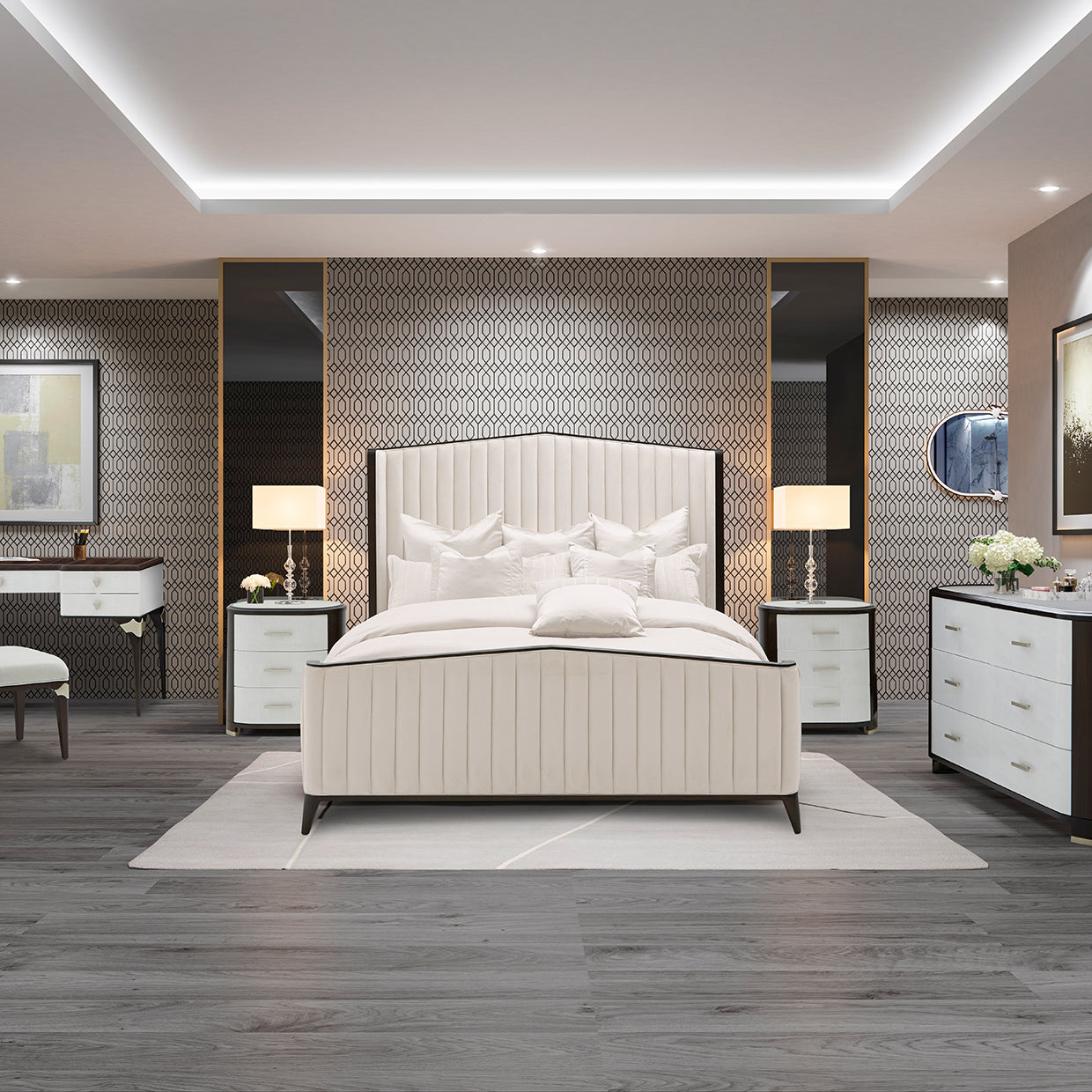 Paris Chic Queen Channel Tufted Panel Bed - Ivory/Espresso