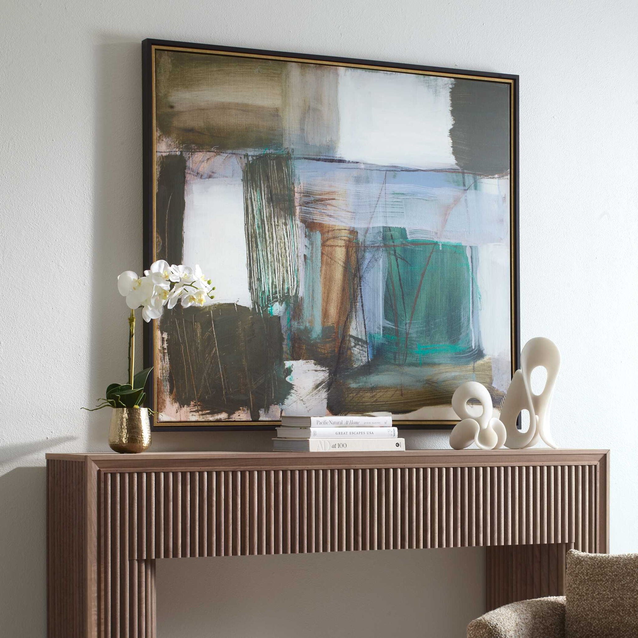 Green Fields - Framed Abstract Canvas - Black / Blue / Green / Orange / White / Yellow