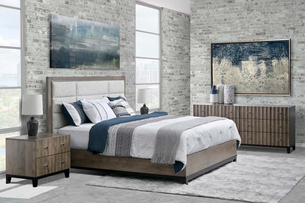 Amish American modern Bed 2A,C/ choice wood finish & fabric