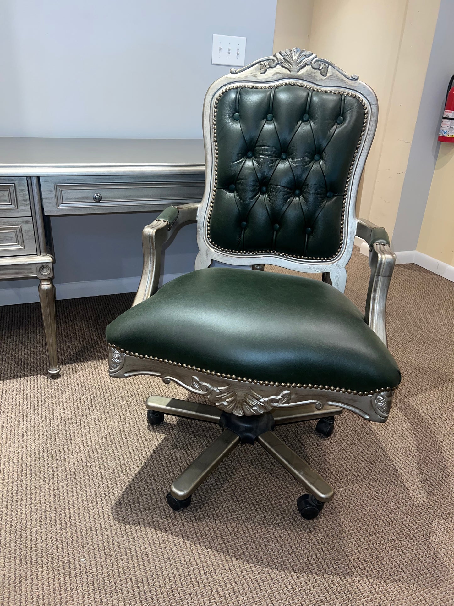 Classical French Style Desk and Green Leather Chair Set