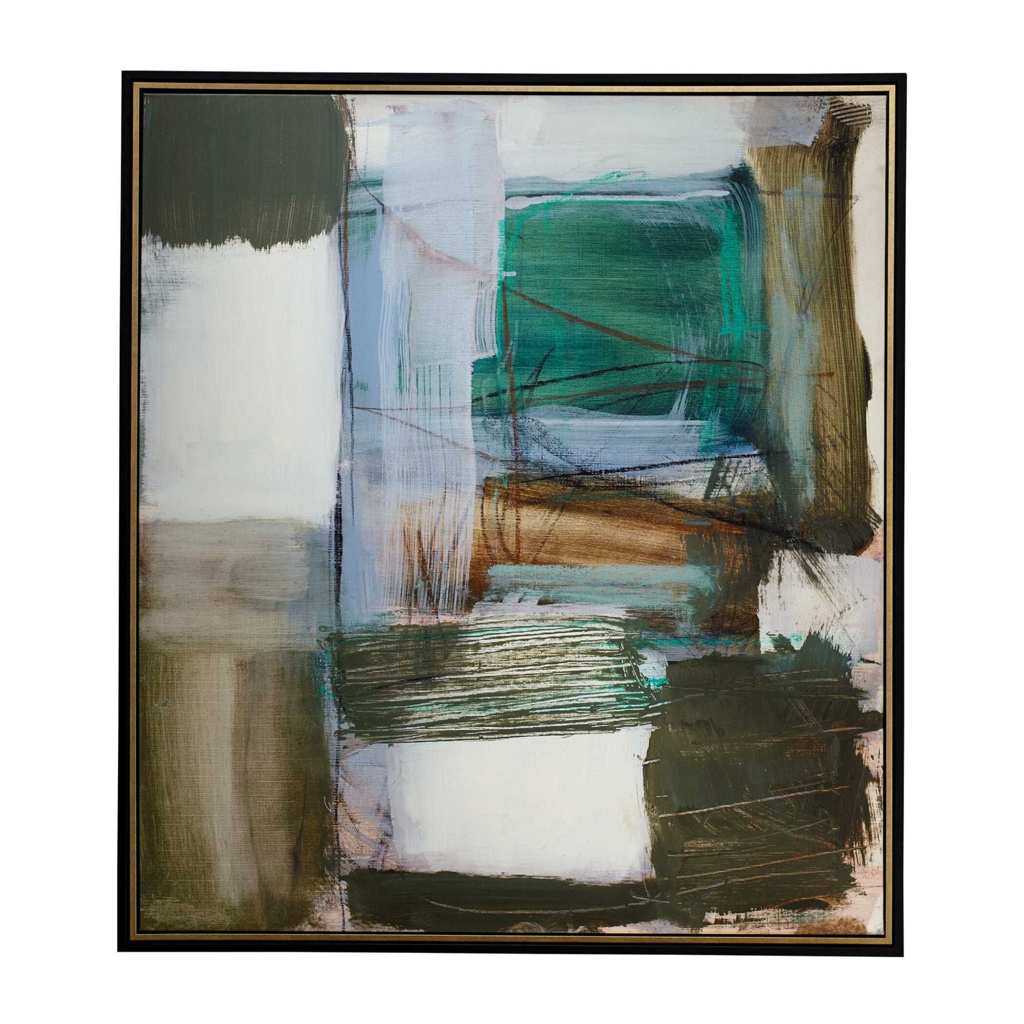 Green Fields - Framed Abstract Canvas - Black / Blue / Green / Orange / White / Yellow